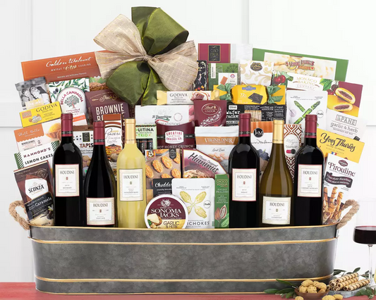 Our Napa Valley Six-Wine Celebration Gift Basket contains Houdini award-winning Napa Valley pinot noir with cherry and vanilla notes, bold cabernet, merlot with plum and cocoa flavors, chardonnay, red blend and tropical sauvignon blanc are paired with a large assortment of walnut cookies, cheddar cheese biscuits, peppercorn crackers, garlic herb cheese wedges
