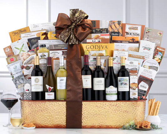Our Astonishing California Seven-Wines Gift Basket is brimming with a collection of California wines which includes Blakemore pinot noir, Eastpoint zinfandel, Cliffside merlot, Houdini red blend, Rock Falls cabernet sauvignon , Talaria chardonnay and Steeplechase sauvignon blanc.  