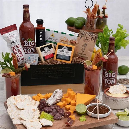 Perfect for any brunch lover, this curated selection of essentials and snacks will elevate any brunch game. The package includes all the key ingredients to craft the ideal bloody Mary, including Big Tom Bloody Mary Mix, a salt and pepper blend of sea salt, and spicy Black Truffle hot sauce. To add extra depth of flavor, also included is Farmstead Bloody Mary Mix.