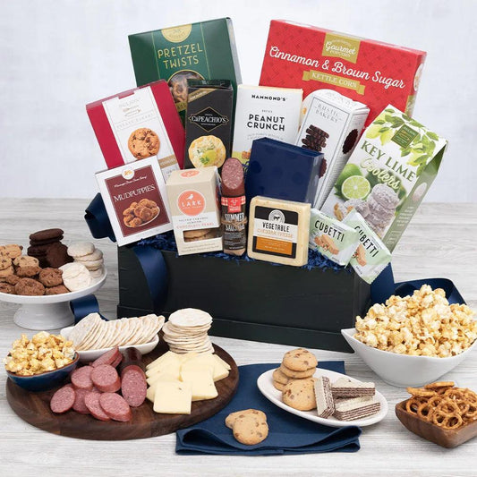 Traditional and elegant, this Brimming Snacks Premium Gift Basket is guaranteed to delight! Inside an elegant evergreen paperboard crate, we've artfully arranged an assortment of irresistible foods. Boasting gourmet treats that are loved by all, including delightfully crisp cookies, kettle corn, smooth aged cheese, and hearty crackers. This generous display is perfect for any occasion!