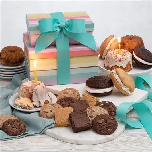 Baked goods are a wonderful treat that makes a great gift idea for almost any occasion. Our gourmet gift creators have thoughtfully selected an assortment of whoopie pies, cookies, brownies, and mini bundt cakes that will arrive in a beautifully striped gift tower. This is a perfect gift for birthdays, a thank you gift, a sympathy gift, retirement, a new job, a new home, a new baby, or just to let someone know you are thinking of them.