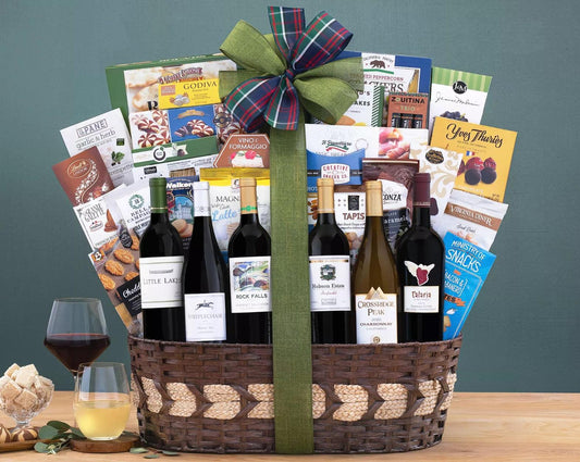 California Six-Wine Pairing Gift Basket: Six California wines are paired with a complementary assortment of Basket Company's favorites to create this gift of California's finest.