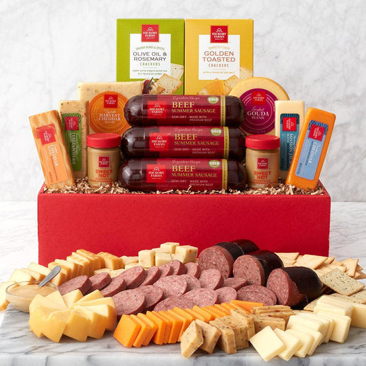 Charcuterie Favorites Gourmet Gift Box - This meat and cheese party gift box is filled with a hearty collection of charcuterie favorites. Your loved ones will enjoy the sausage, cheeses, mustard, and crackers. Keep any party going with this perfectly paired gourmet gift.