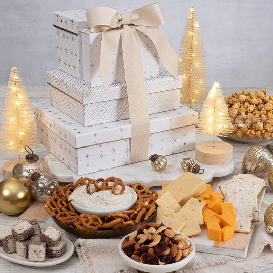 Get ready to dazzle your loved ones this Christmas and holiday season with our irresistible Dazzling Cracker and Cheese Premium Gift Tower!  This gourmet delight is filled with delectable treats that will make their taste buds dance with joy. Imagine their excitement as they unwrap each box of the elegant tower, revealing a delightful assortment of wafer cookies, delicious cheese, crisp crackers, savory pretzels, and a lovely almond, cashew cranberry mix that's simply divine.