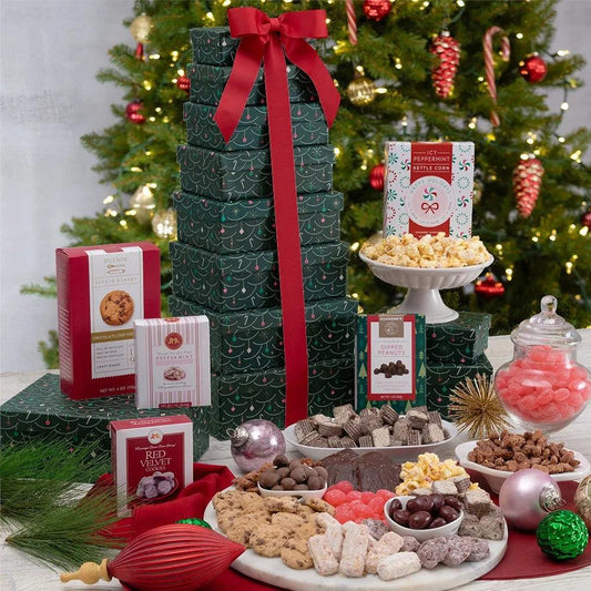 Capture the joy and magic of the holiday season with the irresistible Family Gathering Christmas Candy and Cookies Gift Tower. Picture your loved ones' delight as they unwrap each of the eight beautiful holiday-designed boxes brimming with gourmet holiday sweet treats.