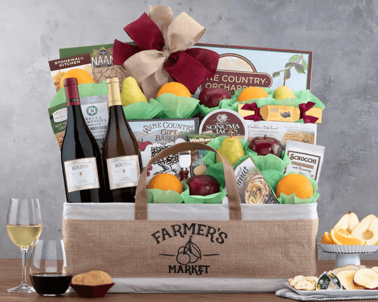 Farmer's Market Wine and Fruit Gift Basket - This fruit and wine basket comes brimming with sweet and savory favorites. The Houdini pinot noir has flavors of dark seasoanal fruit, and the chardonnay is creamy with just the right hints of apple and pear.