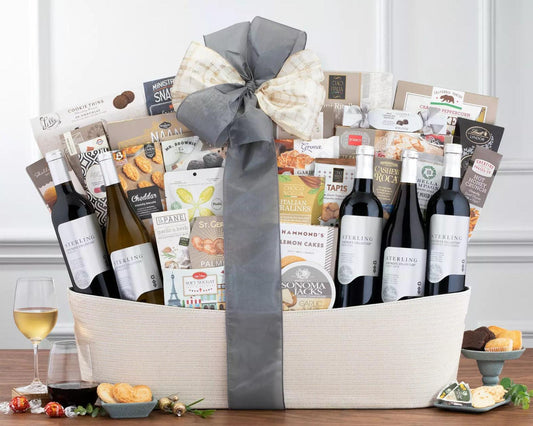 Five Bottle Sterling Wine Gift Basket: Five bottles of Sterling wine and an assortment of favorites fill this gourmet gift.  Rich cabernet sauvignon with blackberry, currant and chocolate flavors, chardonnay with flavors of tropical fruit and peach, pinot noir, bold merlot and meritage - a smooth blend of cabernet sauvignon, merlot, petit verdot and malbec, are all hand-packed with an assortment of complementary food including crackers, mixed olives, fruit jellies, garlic and herb cheese spread.