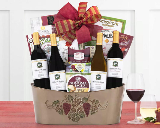Hobson Estate Aromatic Wine Gift Basket: Hobson Estate cabernet, chardonnay, pinot noir and merlot are brought together with some of our most requested gourmet fare.