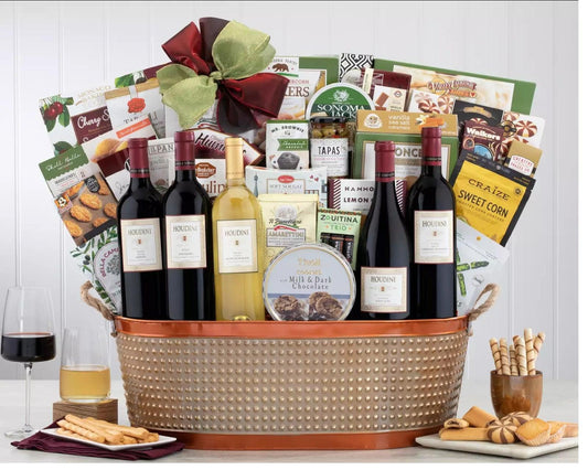 Houdini Wine Valley Five Gift Basket: Five bottles of award-winning Houdini Napa Valley wine including cabernet, merlot, chardonnay, pinot noir and sauvignon blanc are paired with tremendous selection of sweet savory fare. Excellent gourmet and wine pairing selection for any occasion!