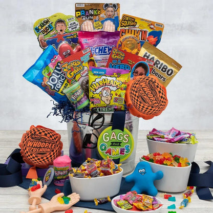 Looking for a kids birthday, get well, congratulations, just because, or thinking of you gift? Our Gags And Games Candy And Toy Gift Bucket is a fun gift idea. Filled with classic candy, games, and toys, there's plenty of activities in this gift to keep them busy all day and beyond! Toys include a finger skateboard, whoopee cushion (LOL!), Flarp noise putty, and more! A basket of fun for your favorite little person.