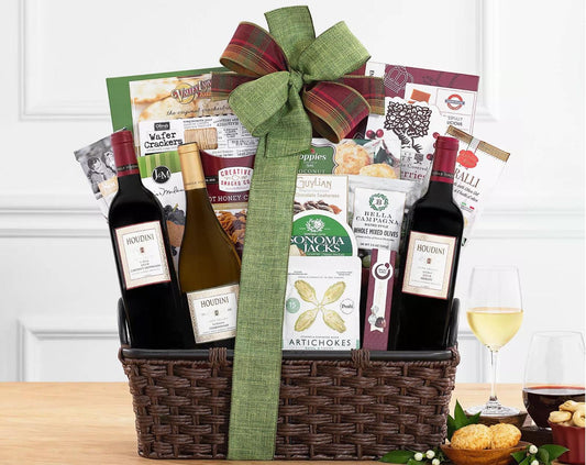 Napa Valley Wine Trio Gift Basket: Napa Valley cabernet is big and fruity with a long, smooth finish; perfectly balanced chardonnay with apple and citrus flavors and just the right amount of oak, merlot with notes of sweet black fruit and dark chocolate, and a complementary selection of vanilla fudge with sea salt, coconut macaroons, sesame crackers & more.