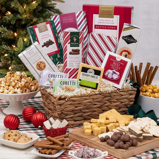 Experience the joy of the holiday season with our Santa's Savory Snack Gift Basket. This delightful gift is filled with a festive assortment of kettle corn, crackers, cheese, cookies, and double-dipped peanuts. Share the warmth and spread the cheer with this perfect holiday gift basket that captures the essence of Christmas.