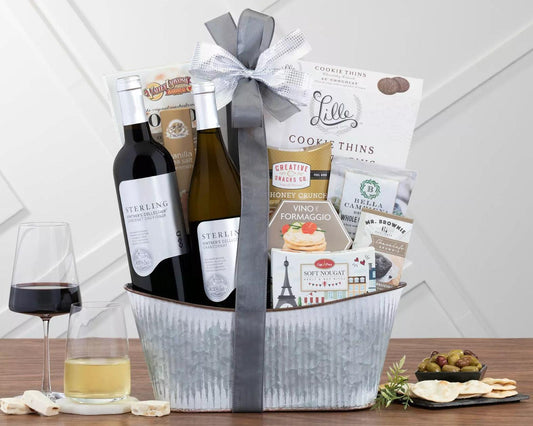 Sterling Handcrafted Wine Duo Gift Basket: Central Coast cabernet has dark berry flavors with hints of toffee and chocolate; chardonnay has pear and green apple on the palate enhanced by subtle notes of spicy oak.