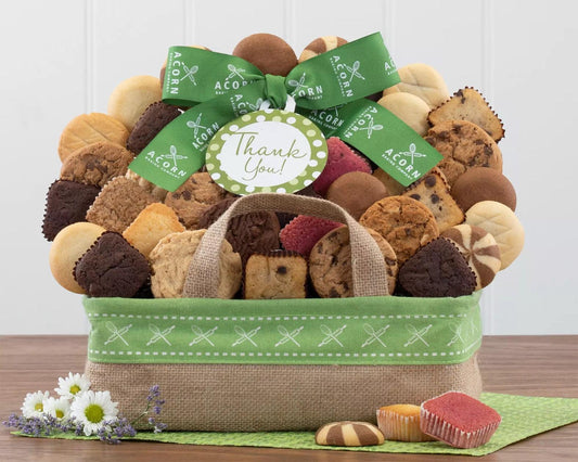 Thank You Sweets and Treats Gift Basket: Your recipients will enjoy a collection of baked brownies and cakes which include favorites such as coffee, chocolate and blondie brownies, lemon, raspberry and cookie butter mini cakes.