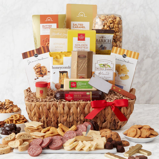 Ultimate Gourmet Splendor Gift Basket - Give the gift of a perfect date night charcuterie spread! This gift box lets them create a savory bite with summer sausage, cheese, mustard, and crackers. Then, there are plenty of treats and snacks to share. The included cheese cleaver make serving and enjoying easy! Send this gift to anyone who loves to treat themselves to sweet and savory snacks.