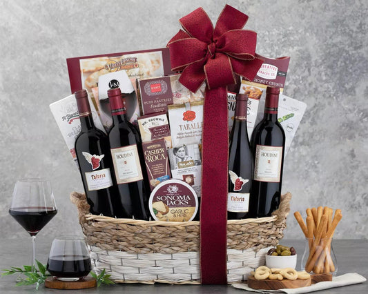 Ultimate Red Wine Quartet Gift Basket: This superb selection of red wines is a perfect gift for anyone who appreciates fine red wines. Tasty sweets and gourmet snacks complete this exceptional wine gift basket.
