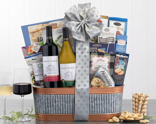 White & Red Kosher Wine Duet Gift Basket: These distinctive Baron Herzog wines are paired with Poshi rosemary and oregano asparagus, Brown and Haley cashew roca, shortbread cookies, sesame crackers, hummus, spicy honey crunch snack mix, La Spiga Ciokkini cookies and Bella Campagna mixed olives.